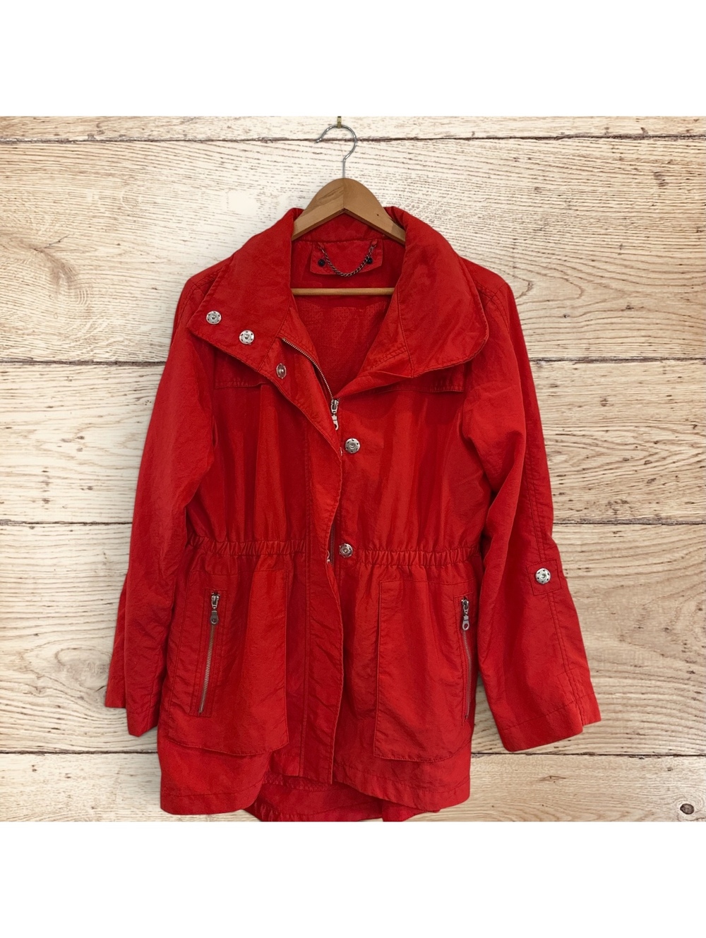 Women’s Red Utility Anorak Jacket Large Cinch Waist Zip Pockets Lightweight